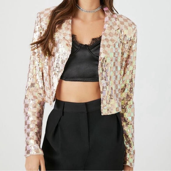 Forever 21 Sequin Checkered Cropped Blazer XS - Picture 2 of 11